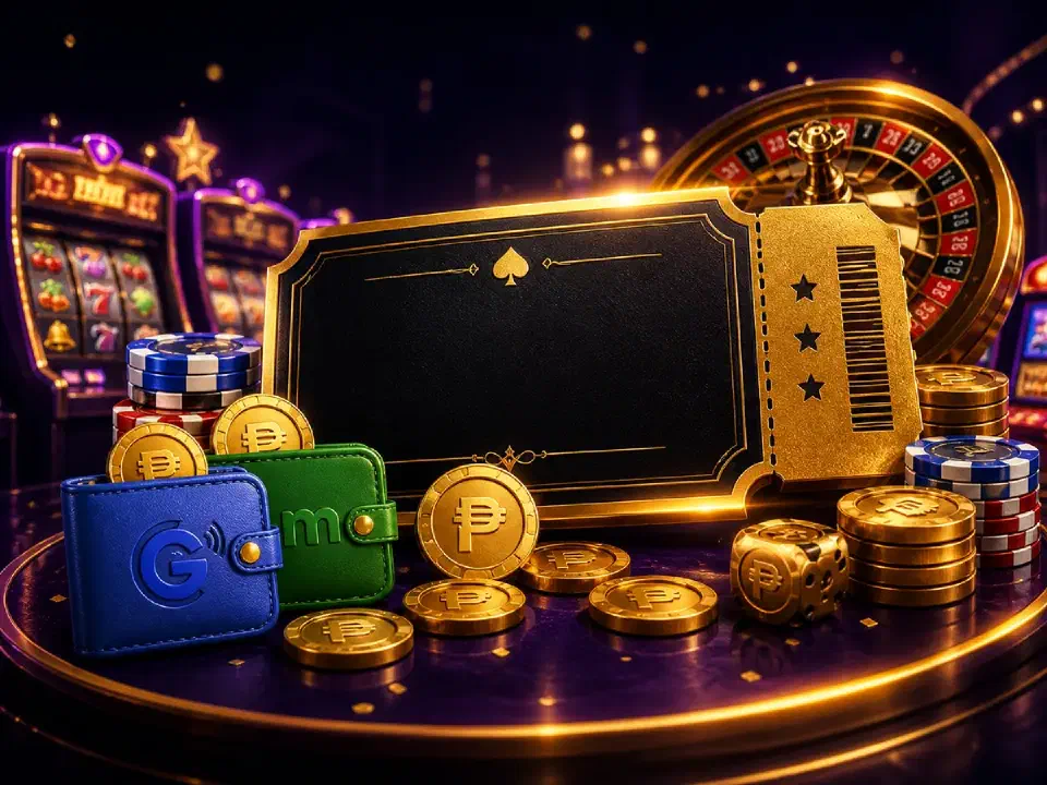 Casino rewards, digital wallets and peso coins in a violet and gold setting.