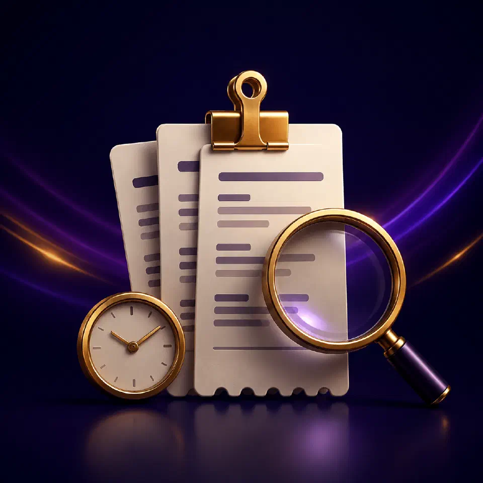 Illustration of receipts being reviewed beside a clock.